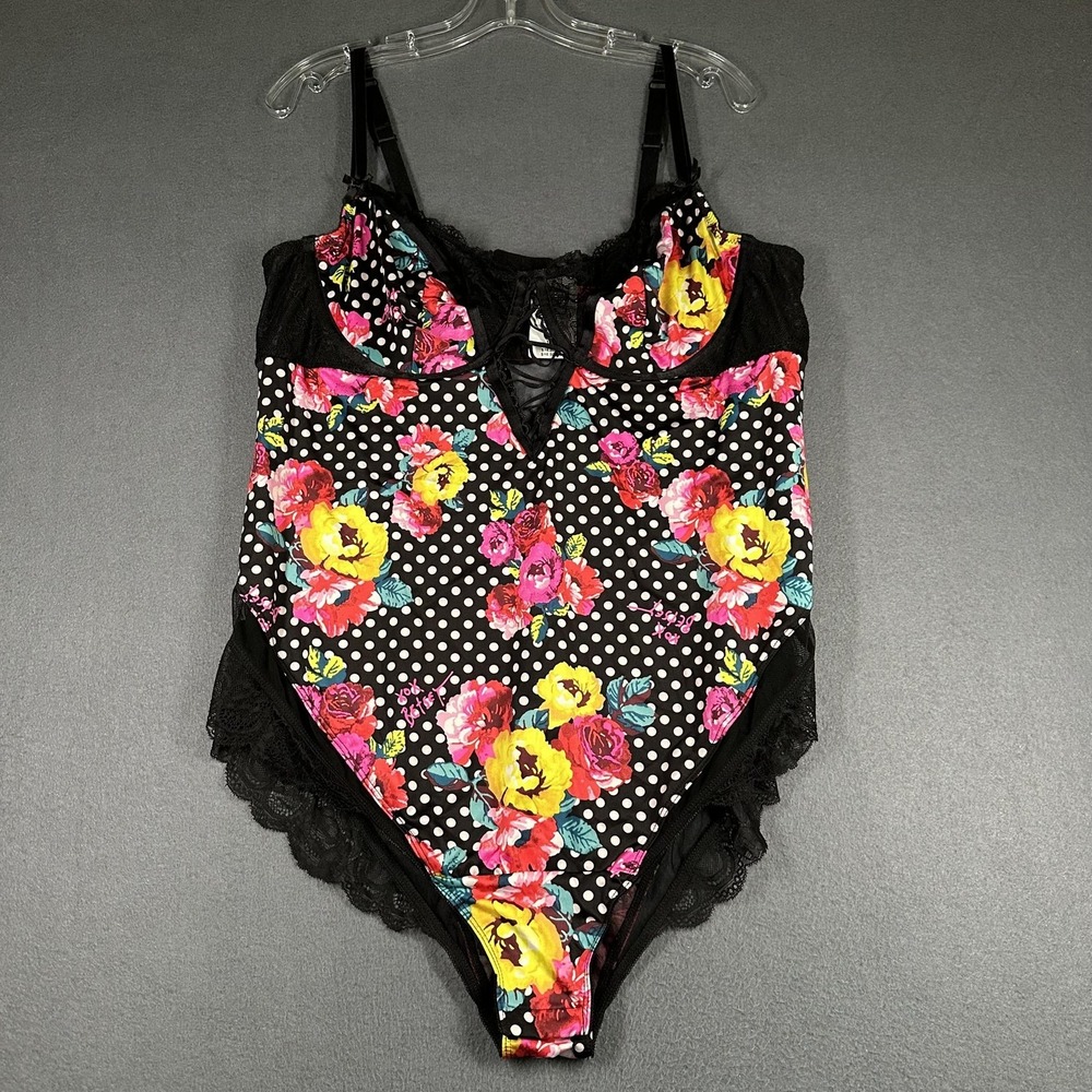 Torrid X Betsey Johnson Bodysuit Womens 2X Black Floral Polka Dot Lace Sheer NWT